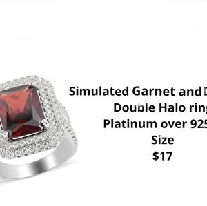 Simulated Garnet and Diamond - double Halo, Platinum..JAN.BIRTHSTONE!